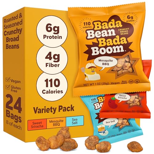 Bada Bean Bada Boom Plant-Based Protein, Gluten Free, Vegan, Crunchy Roasted Broad Fava Bean Snacks, 110 Calorie Packs, The Classic Box Variety Pack, 1 Ounce Pack of 24