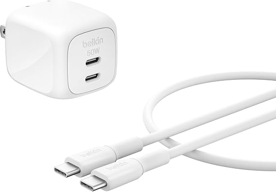 Belkin 50W Dual GaN USB C Charger Block, USB C to C Cable Included | Fast Charging for MacBook, iPhone, iPad, Chromebook, Galaxy, Google Pixel, Travel Essentials