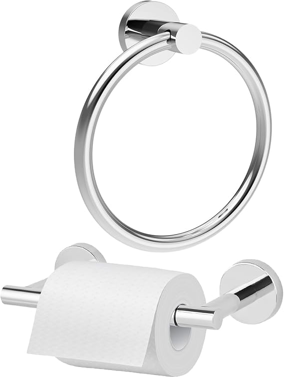 Polished Chrome Toilet Paper Holder & Towel Ring, SUS 304 Stainless Steel Silver Bathroom Hardware Set with Pivoting Toilet Paper Roll Holder Wall Mount for Bathroom