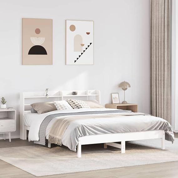 King Size Bed Frame White 150x200 cm Solid Pine Daybed 218x160x82 cm with Headboard Storage Shelves Modern Wood Structure for Bedroom