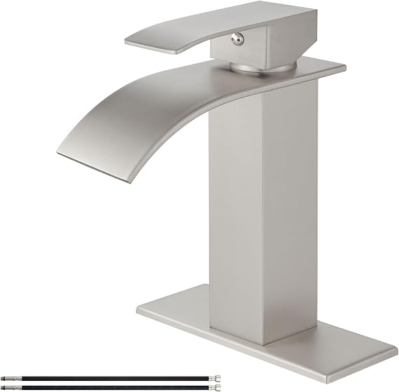 Airuida Waterfall Spout Single Handle Bathroom Sink Faucet Single Hole Rv Lavatory Vanity Vessel Faucet Basin Mixer Tap with Deck Plate Supply Hoses 1 Hole or 3 Hole-Brushed Nickel