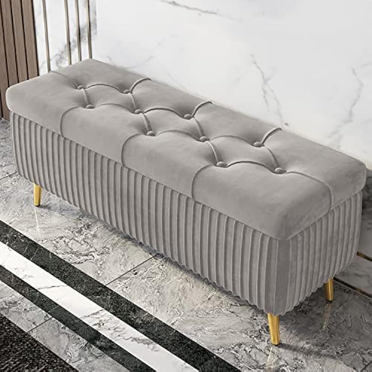 Modern Storage BenchVelvet Storage Ottoman BenchEnd of Bed Bench with Storage, Gold Metal Legs, Button Tufted, for Living Room Bedroom Hallway, 1009080  40  45CM,A,80  40  45cm