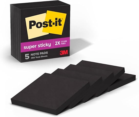 Post-it Super Sticky Notes, 3 x 3 Inches, 5 Pack, 70 Sheets, Black