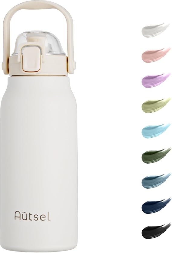1.7L Stainless Steel Water Bottle with Straw - Large Metal Flask with Handle - Double Walled Insulated Sports Bottle - Leakproof for Gym Sports, White