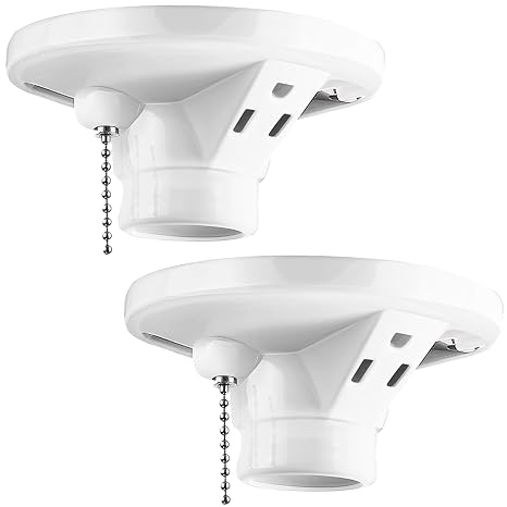 2 Pack Porcelain Light Socket with Outlet and Pull Chain Light Fixture, Bulb Socket with Grounded Outlet, E27/e26 Base, Porcelain Box Mount for Indoor Garage Closet Lighting
