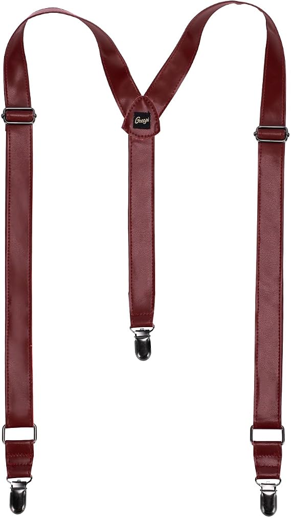 Leather Suspenders for Men, Slim Y-Back, Adjustable with Metal Clips - Groomsmen Gift