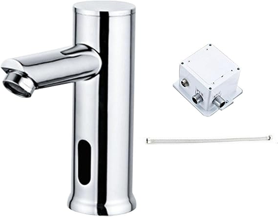 Touchless Cold Basin Tap with Control Box, Automatic Sensor Faucet for Wash Basin Kitchen Bathroom Washroom Sink, Bathroom Taps Single Hand Control(Silver)