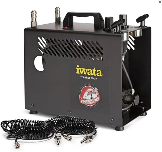 Iwata Power Jet Pro Dual Airbrush Compressor with 2L Air Tank, Dual Regulators, Auto Shut-Off Technology, 1-50 PSI Adjustable Output, Includes Hoses & Airbrush Adapters. 110-120V 60Hz