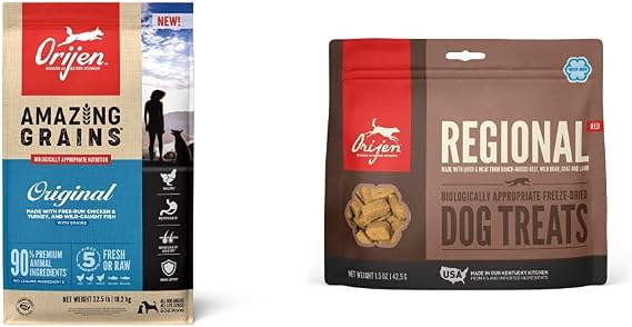 ORIJEN Dry Dog Food, High Protein, Amazing Grains Original 22.5LB Freeze Dried Dog Treats, Regional Red, 1.5oz