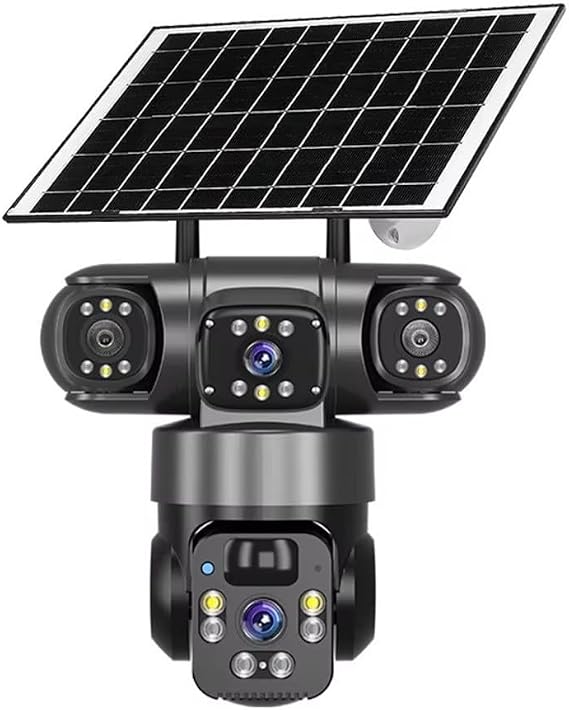 V380 PRO Wireless Solar Security Camera System 4K Three-Lens, 360° PTZ 2.4G WiFi, Color Night-Vision IP66 Weatherproof Motion Alerts Cloud TF Storage Two-Way-Audio-Outdoor-CCTV(Black)
