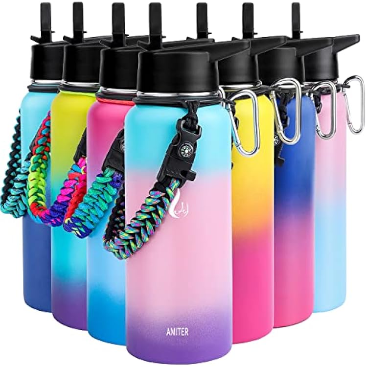 AMITER Insulated Bottle with Straw & Spout Lid, Wide Mouth Stainless Steel Water Bottles with Paracord Handle - 22oz