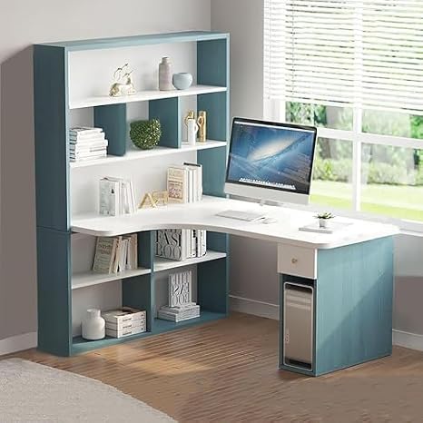Two Person Desk, Modern L Shaped Desk with Hutch Drawers and Storage Shelves Corner Computer Desk for Home Office Workstation