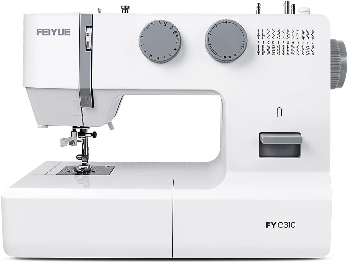 Feiyue FYe310 Full Size Sewing Machine with Foot Pedal, 105 Stitch Applications, Controllable Pedal Speed, Powerful Servo Motor, Great for Beginners White