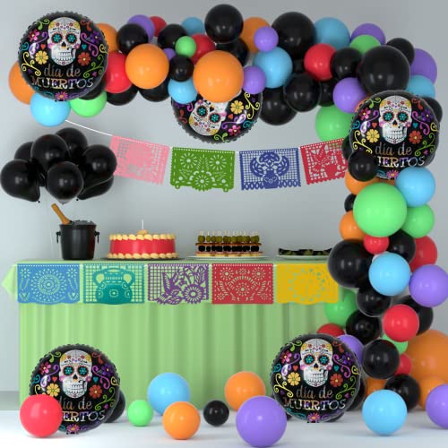 Dia de los Muertos Decorations Day of the Dead Balloons Arch 110 PCS for Mexican Fiesta Party Supplies 16 Feet Felt Picado Party Banners for Dia de los Muertos Altar Halloween Decorations