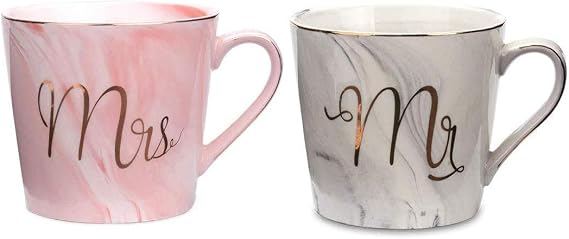 Set of 2 Mr and Mrs Couples Coffee Mug Set- Bridal Shower Engagement Wedding Anniversary Valentines,Best Gifts for Christmas and All Holiday,Pink and Gray