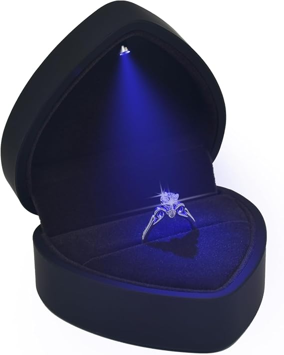 LED Lighted Ring Box, Heart Shaped Black Engagement Ring Case