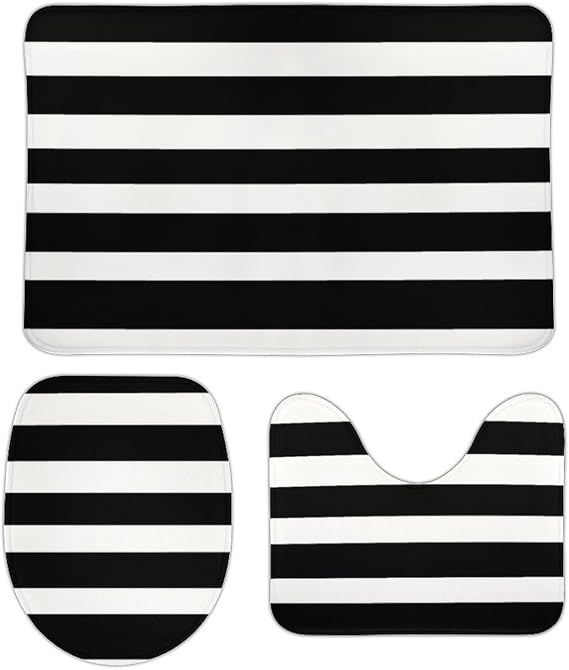 Bathroom Rugs Set 3 Piece Classic Stripes Black and White Bath Rug Mat Set, Non Slip Absorbent Bathroom Decor Mat, Toilet Lid Cover & U Shaped Contour Rug