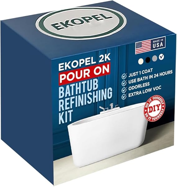 Ekopel 2K Bathtub Refinishing Kit - Pour On Bathtub Paint White Gloss Finish Kit, 1 Coat Odorless Sink and Bath Tub Paint Long Lasting Never Peel DIY Glaze for Tub, Made in USA Bright Gloss White