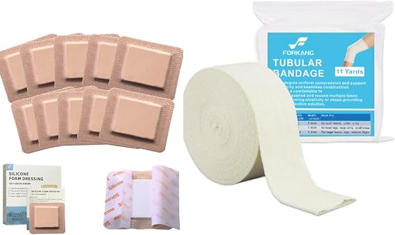 Advanced Wound Care Bundle: 10-Pack Silicone Foam Dressings 4x4 + Reusable Compression Tubing (3" x11 yd) | Post-Surgery Recovery Kit for Bed Sores, Burns & Swelling | Waterproof, Non-Adherent