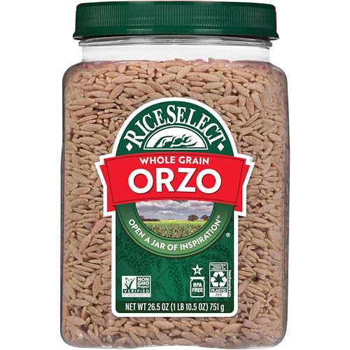 RiceSelect Whole Grain Orzo Rice-Shaped Pasta, Premium Durum Semolina Orzo Pasta, Non-GMO, Kosher, 26.5oz Jar Pack of 1
