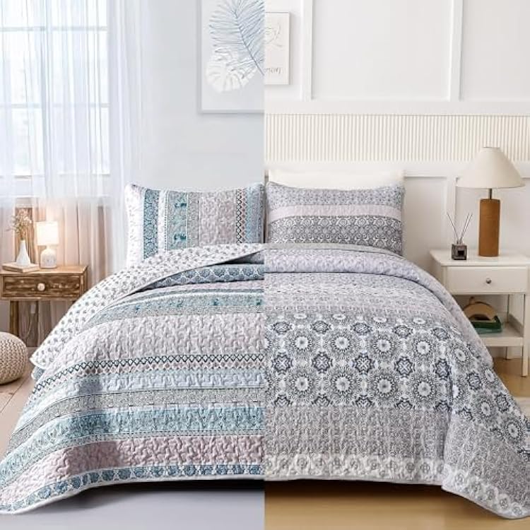 WONGS BEDDING Boho Quilt Set Queen Size, Light Blue Bohemian 3 Pieces Quilt Sets, Lightweight Summer Bedspread Coverlet Bedding Set for All Season 96x90