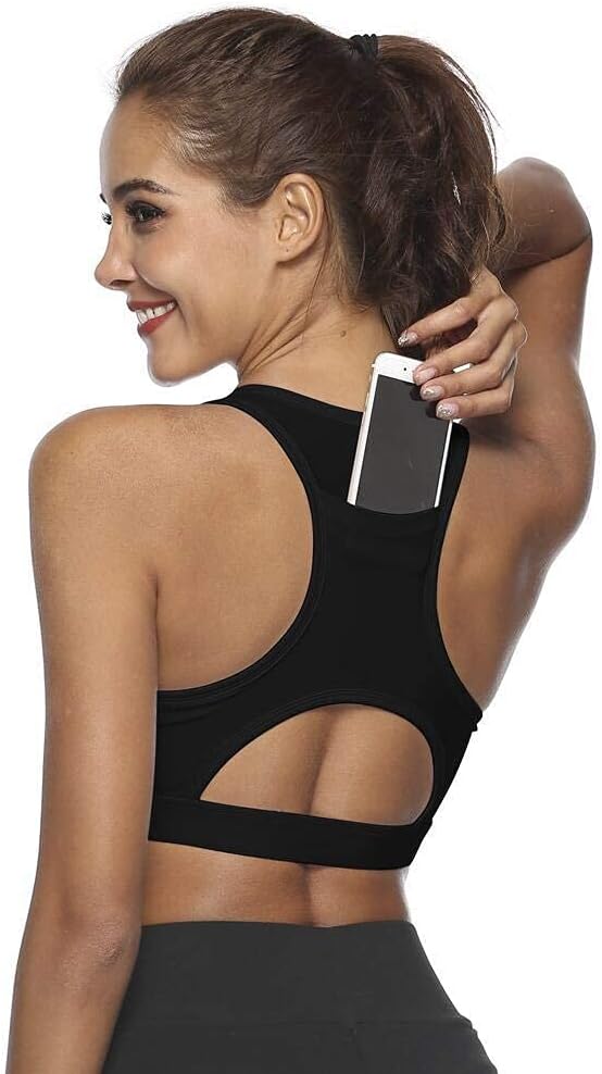 Women Sports Bra Phone Pocket Racerback Full Coverage Shock Proof Seamless Bra - Running Phone Sports Bra