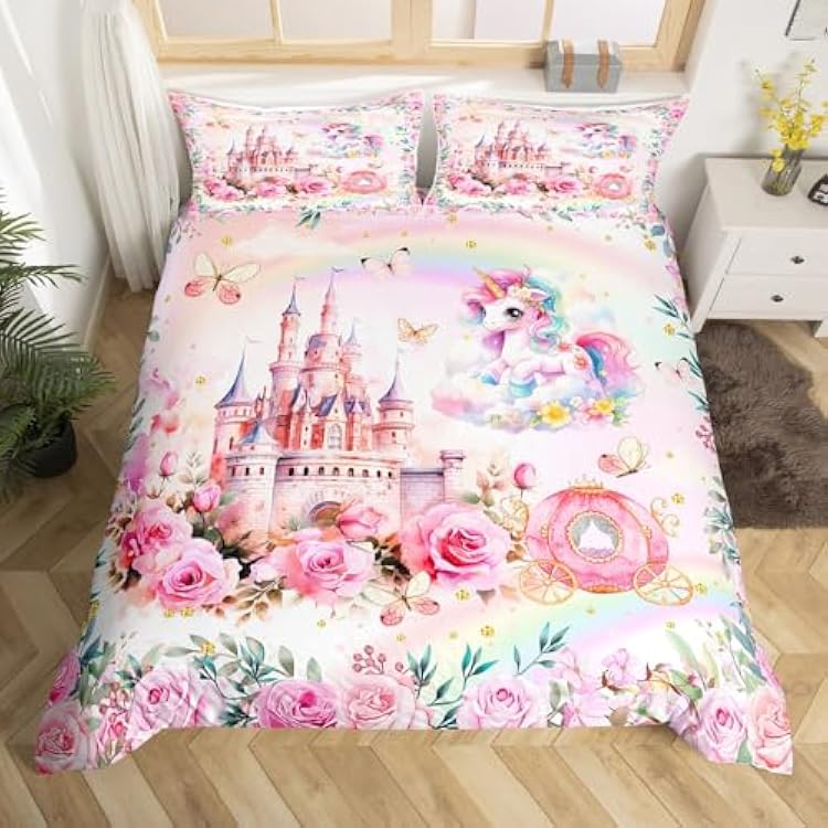 Cute Unicorn Full Duvet Cover for Kids,Pink Girls Rainbow Bedroom Decor,Cartoon Castle Carriage Floral Bedding Set,Watercolor Unicorn Butterfly Duvet Cover Blanket,2 Pillowcase,No Comforter
