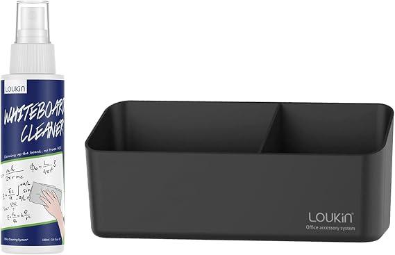 loukin Whiteboard Accessories Bundle | Non-toxic Whiteboard Cleaner (3.4 fl oz) Magnetic and Adhesive Marker Holder (Black)