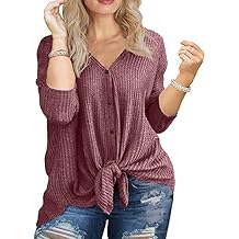 OLRIK Womens Plus Size Tops V Neck Tie Front Blouse Button Up Long Sleeve Waffle Knit Tunic T Shirts