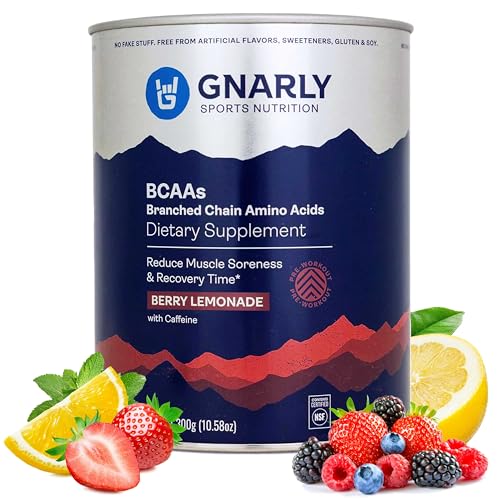 Gnarly Nutrition BCAA Powder, Berry Lemonade Pre-Workout BCAAS Amino Acids NSF Sport Certified Supplement to Support and Rebuild Muscle Berry Lemonade with Caffeine, 10.58 oz