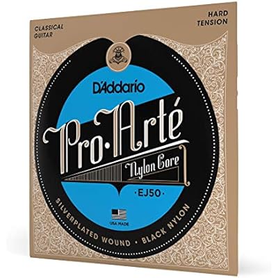 DAddario Guitar Strings - Pro-Arte Classical Guitar Strings - EJ50 - Nylon Guitar Strings - Silver Plated Wound, Black Nylon Core - Hard Tension