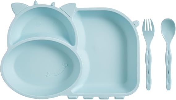 Flybee Cute Cow Lolo 3 Division Fun Nutrition Plate, Food Plate, Fork Spoon Set (Green)