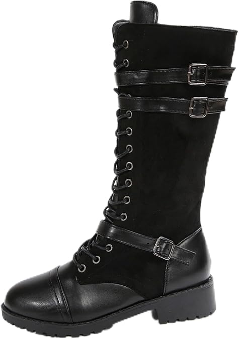 Women's Mid Calf Boots Lace up Combat Boots Denim Leather Riding Motorcycle Long Booties Low Heel Gothic Motorcycle Flats Long Shoes