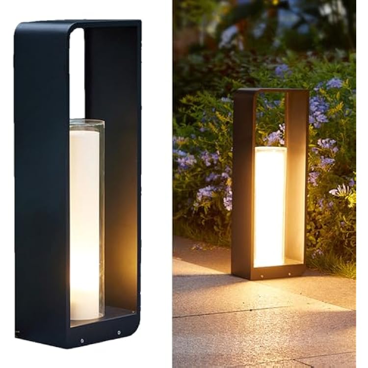 Modern Landscape Path Light Garden Lawn Lamp Black Square Pathway Light 12W LED Bollard Lighting Fixture Outdoor Stainless Steel Waterproof Floor Lamp for Patio Yard Walkway