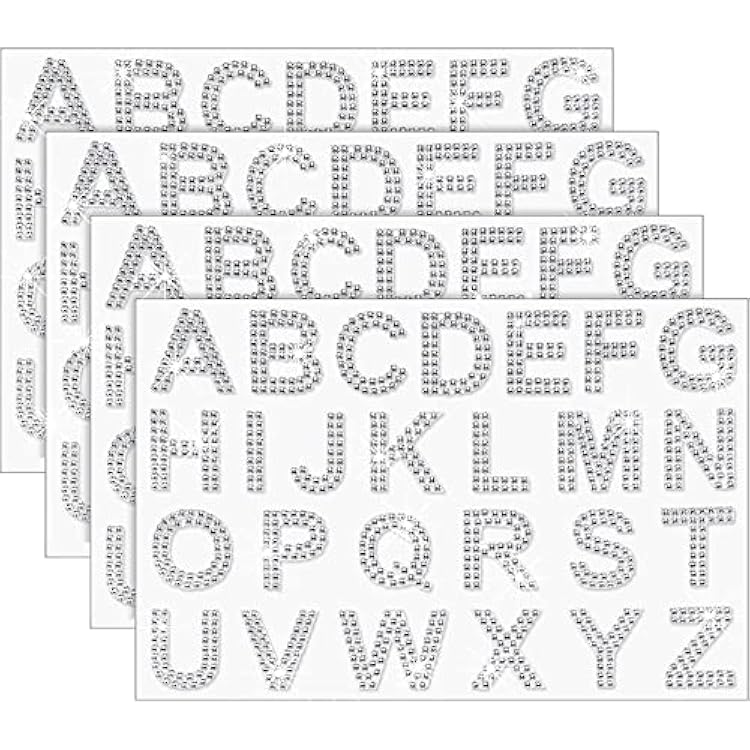 104 Letters 4 Sheets Rhinestone Letter Stickers,Flash Iron Sticker,Crystal gem Border Sticker,DIY Decorative self-Adhesive Sticker, Used for suitcases, laptops, scrapbooks,Books, Hats,Clothing