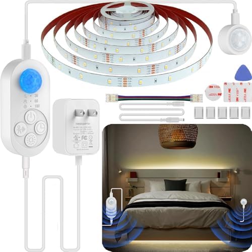 Dual Sensor Stair Light Strip, Double Motion Activated Sensor LED Strip Lighting for Stairway (Warm White 3000K (16.4FT Light Strip), Power Adapter (4.92FT Cable) + 16.4FT DC Cable)