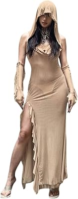 XPONNI Y2k Hoodie Sleeveless Dress Sexy, Long Flowy Fairycore Dress with Off Gloves, See Through Ruched Bodycon Dress