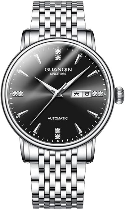 GUANQIN Vintage Men Calendar Week Luminous Automatic Self-Wind Mechanical Wrist Watch Sapphire Crystal Business Waterproof Clock Man Stylish Stainless Steel Strap Rhinestone Wristwatch