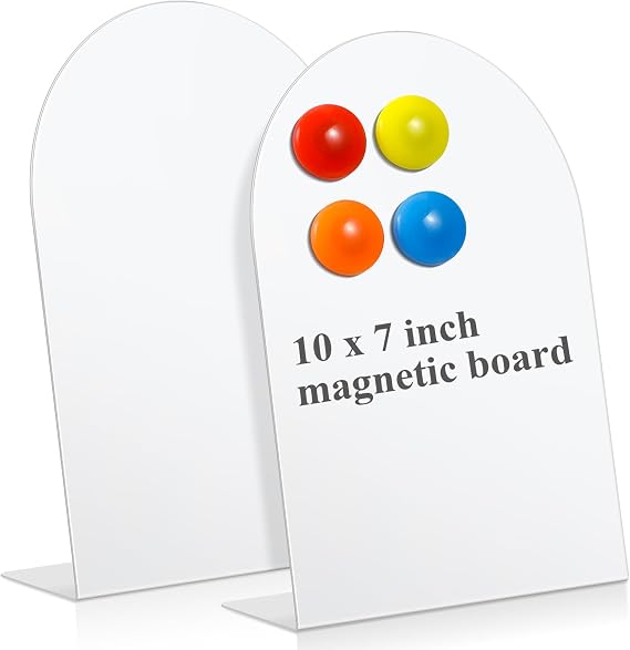 Shimeyao 2 Pcs Magnetic Bulletin Board for Tabletops with 8 Magnets Memo Display Easel Stand for Home Office School Kitchen Table Supplies (White, 10 x 7 Inch, Arched)
