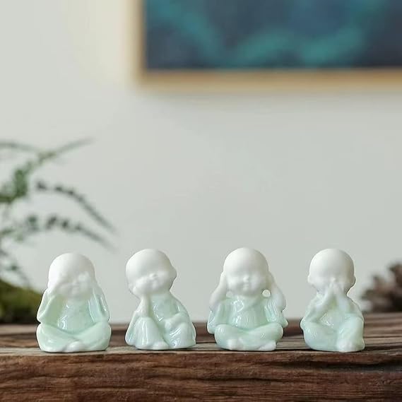 4PCS Four Wise Monks Ceramic Figurines - Cute White Porcelain Tea Pets (Hear/See/Speak/Do No Evil) - Mini Zen Ornament for Office Desktop, Home Garden & Flower Pot Decor - Buddhist Crafts Gifts(Green)