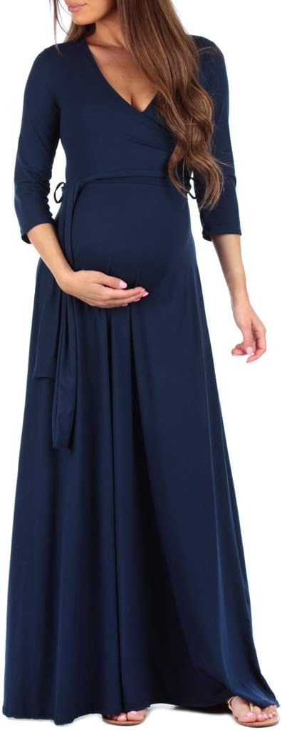 Mother Bee Maternity 3/4 Sleeve Faux Wrap Dress with Adjustable Belt