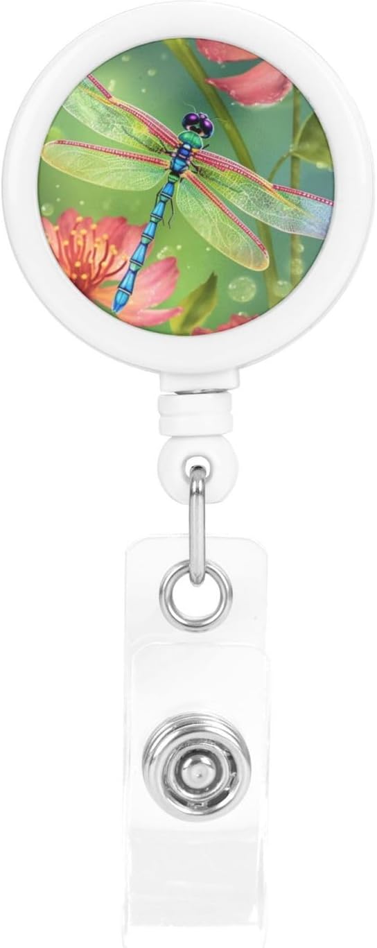 Badge Reels Retractable Dragonflies and Flowers Badge Holder Heavy Duty Batch Holder Name ID Badge Clips for Office Worker Doctor Nurse ID Badge Reel with Belt Clip Keychain