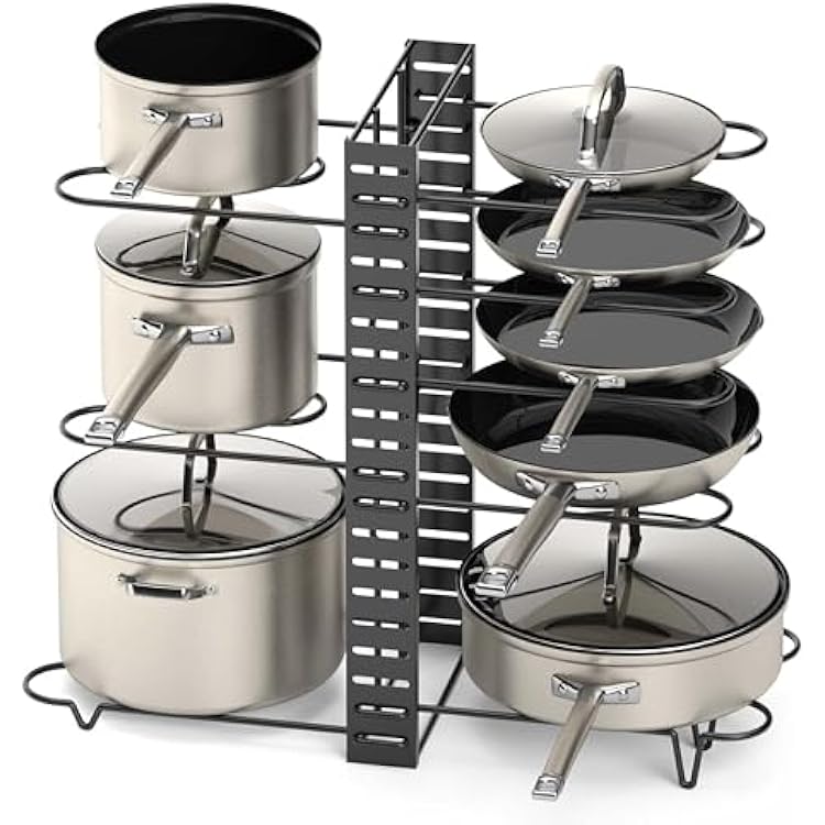 Vdomus Pot Rack Organizer with 3 DIY Methods, Black Metal Kitchen 8 Pots Holder, Height and Position are Adjustable Cabinet Pantry Pot Lid Holder Upgraded