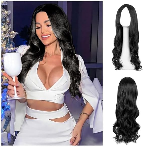 TSHAOUN Long Curly Wigs Black 28 Inch/70cm Women Long Wave Curly Hair Ladies Girls Synthetic Fancy Dress Wigs for Daily Cosplay Wear (70 CM)