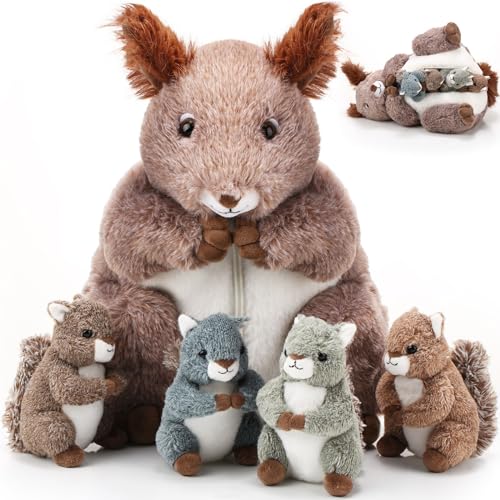 Poen 5 Pcs Squirrel Stuffed Animals Set 14 Mommy Squirrel Plush with 4 Cute Baby Squirrels in Her Tummy Soft Cuddly Plushie for Boys Girls Birthday Gifts Christmas Woodland Party Decors
