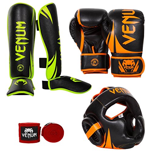 Venum Challenger 2.0 Neo Standup Bundle, BlackOrange Gloves, BlackYellow Shinguards, BlackOrange Headgear, Red Handwraps, 16 oz Gloves, X-Large Shinguards