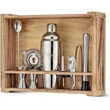 Mixology & Craft Rustic Cocktail Shaker Set Includes Wood Stand, Complete Barware Kit with 24 Oz Shaker, Dual Jiggers, Pourers, Muddler, Strainer Perfect for Home Bartenders (Silver)