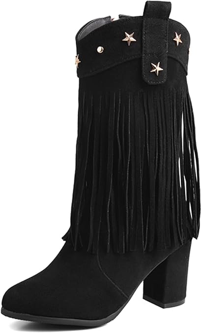 MRKEWUNEY Fringe Cowboy Boots for Women Knee High Western Boots Pointy Toe Block Heel Tassel Cowgirls