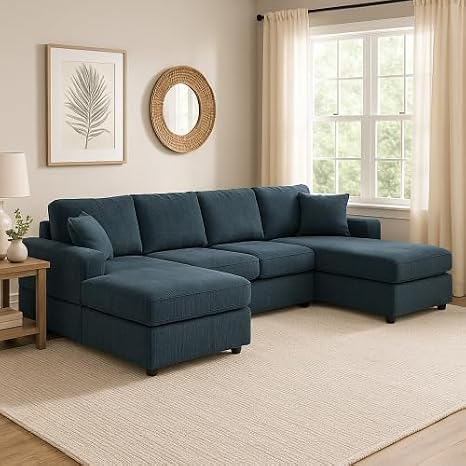 3 Piece Gray Corduroy Double-Chaise Sectional Sofa,120X60 U-Shaped 4-Seat Modular Couch with Removable Cushions Low-Profile Modern Living Room Furniture Blue