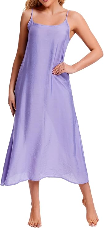 ZEEREE Women's Cotton Silk Long Full Slips for Under Dresses Camisoles Slip Dress Cami Dress Chemise Petticoat